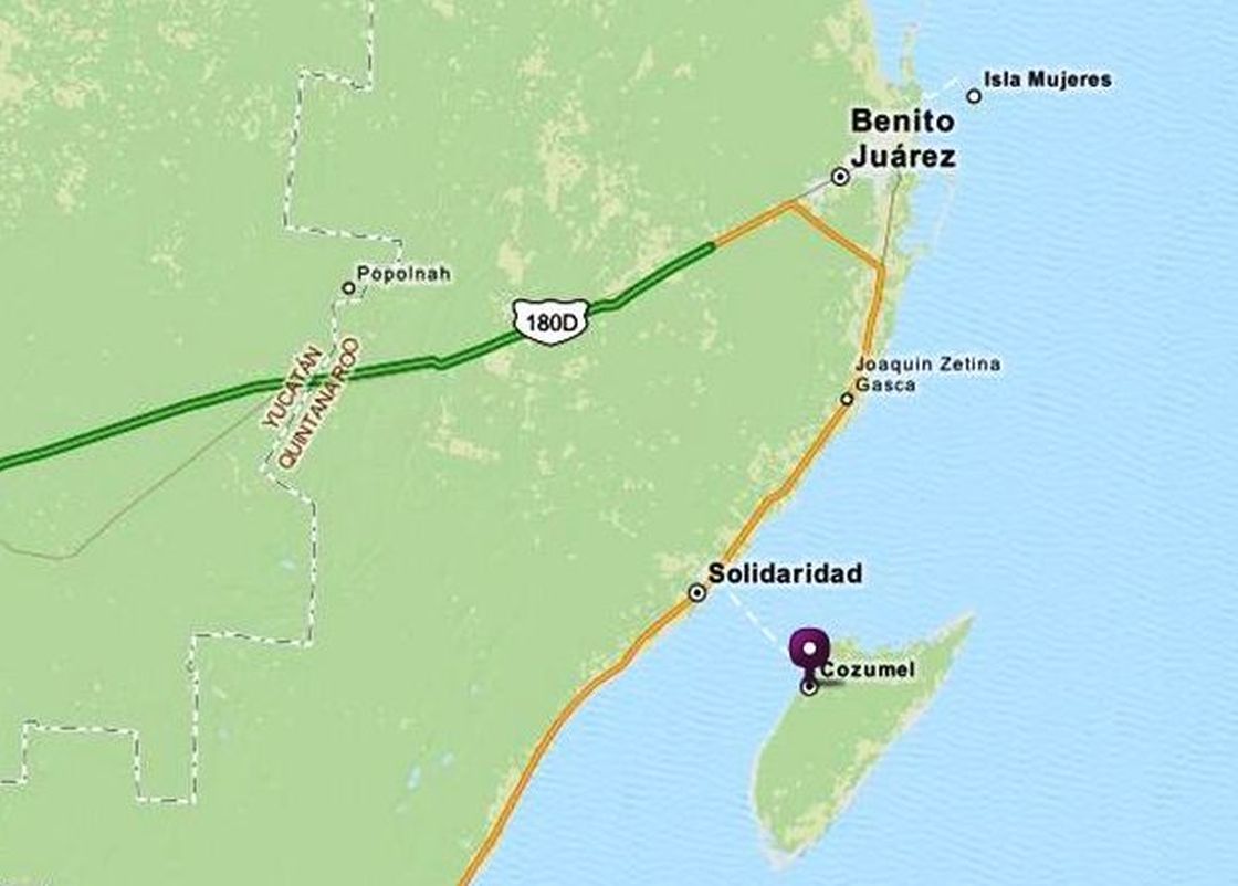 A map showing the island of Cozumel, off the eastern coast of Mexico's Yucatán Peninsula.