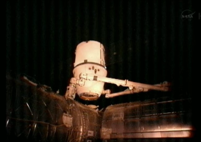 This image provided by NASA-TV shows the SpaceX Dragon commercial cargo craft after it was detached from the International Space Station at 4:10 a.m. EDT Tuesday March 26, 2013 by the International Space Station's Canadarm2 robotic arm.