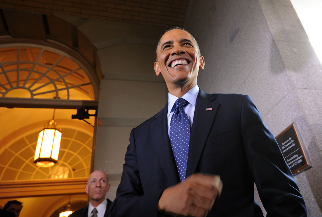 US President Barack Obama leaves after attending the House Republican Conference on the Capitol Hill in Washington, DC, on March 13, 2013. Obama diminished the prospects for a grand bargain with Congress on reducing the deficit, saying the gap between the two parties may be 'too wide.' Obama's comments come ahead of his Wednesday meeting with Republicans in the House of Representatives, part of his outreach to lawmakers on both sides of the aisle this week after Congress failed to prevent billions of dollars in across-the-board federal spending cuts.