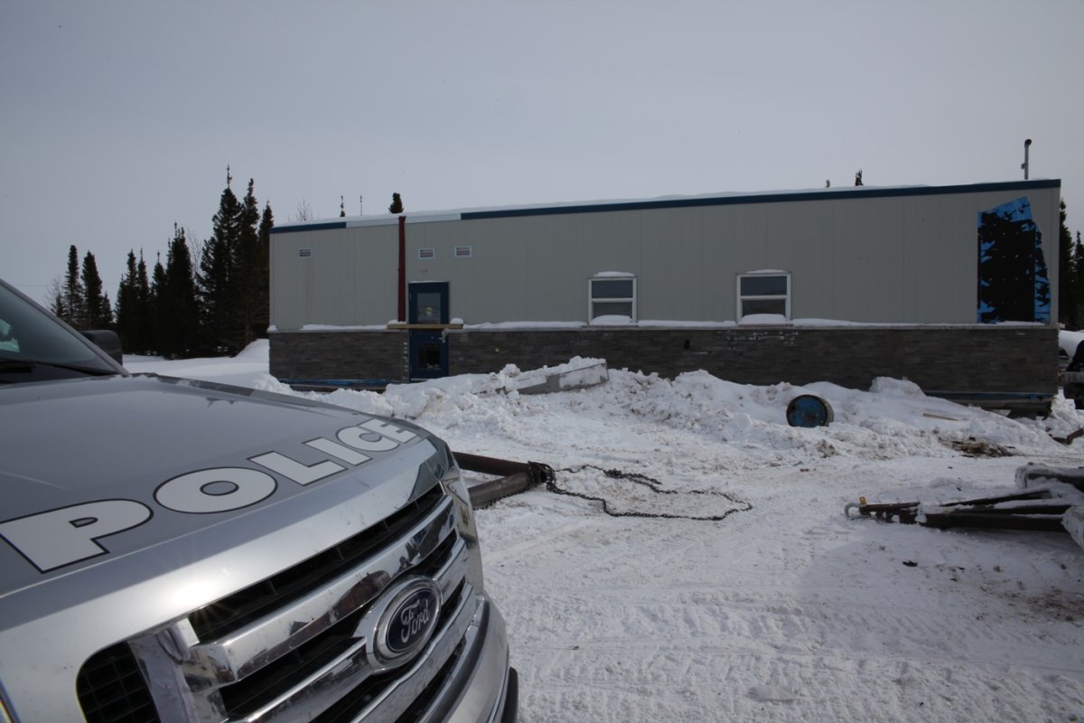 A half-finished police department stands in Peawanuck, Ont.