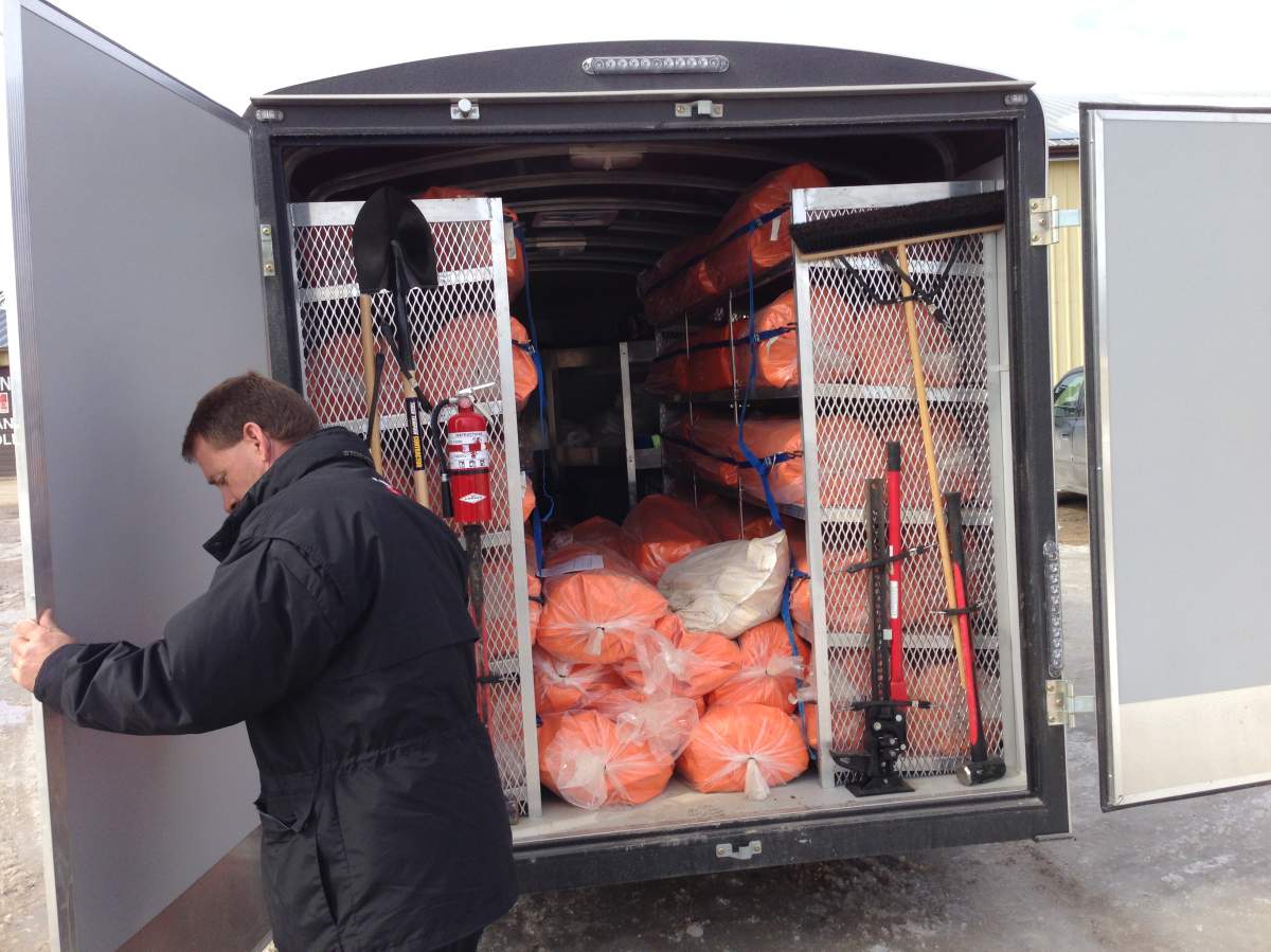 A trailer full of Tiger Dams was ready for use in St. Andrews, Man., in spring.