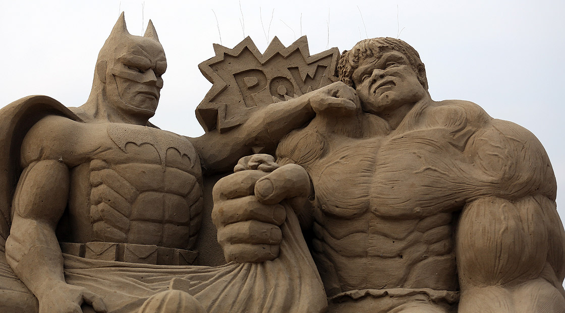 Detail of a sand sculpture of Batman and The Incredible Hulk is seen as pieces are prepared as part of this year’s Hollywood themed annual Weston-super-Mare Sand Sculpture festival on March 26, 2013 in Weston-Super-Mare, England. Due to open on Good Friday, currently twenty award winning sand sculptors from across the globe are working to create sand sculptures including Harry Potter, Marilyn Monroe and characters from the Star Wars films as part of the town's very own movie themed festival on the beach. 