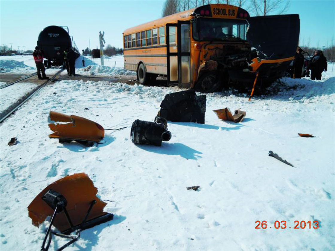 One passenger injured after school bus in collision with train in Carlyle, Saskatchewan.