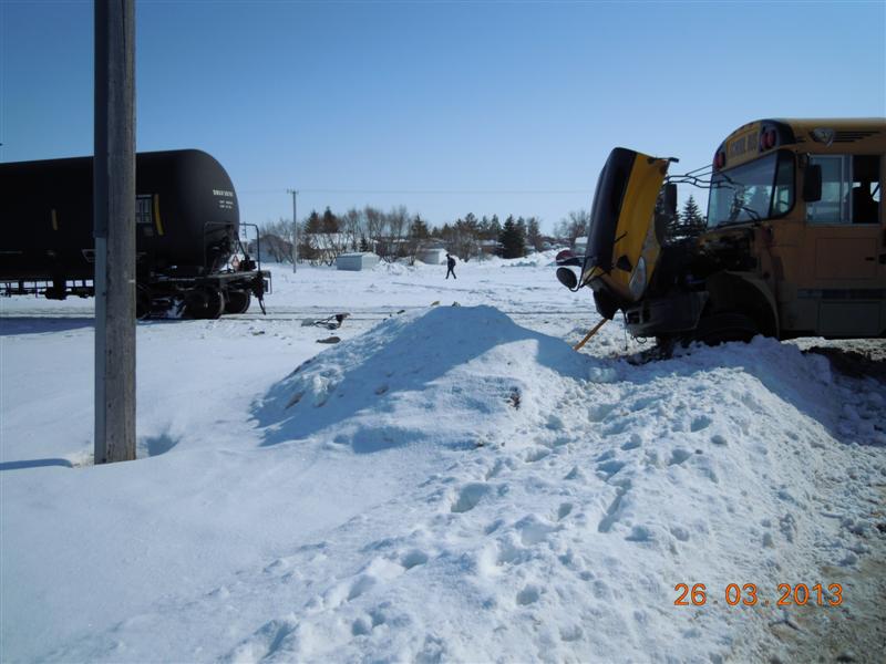 One child was injured after school bus and a train collided in Carlyle, Saskatchewan on March 26, 2013.