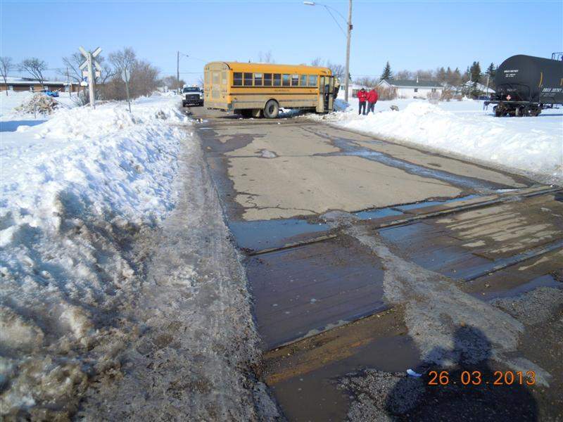 One child was injured after school bus and a train collided in Carlyle, Saskatchewan on March 26, 2013.