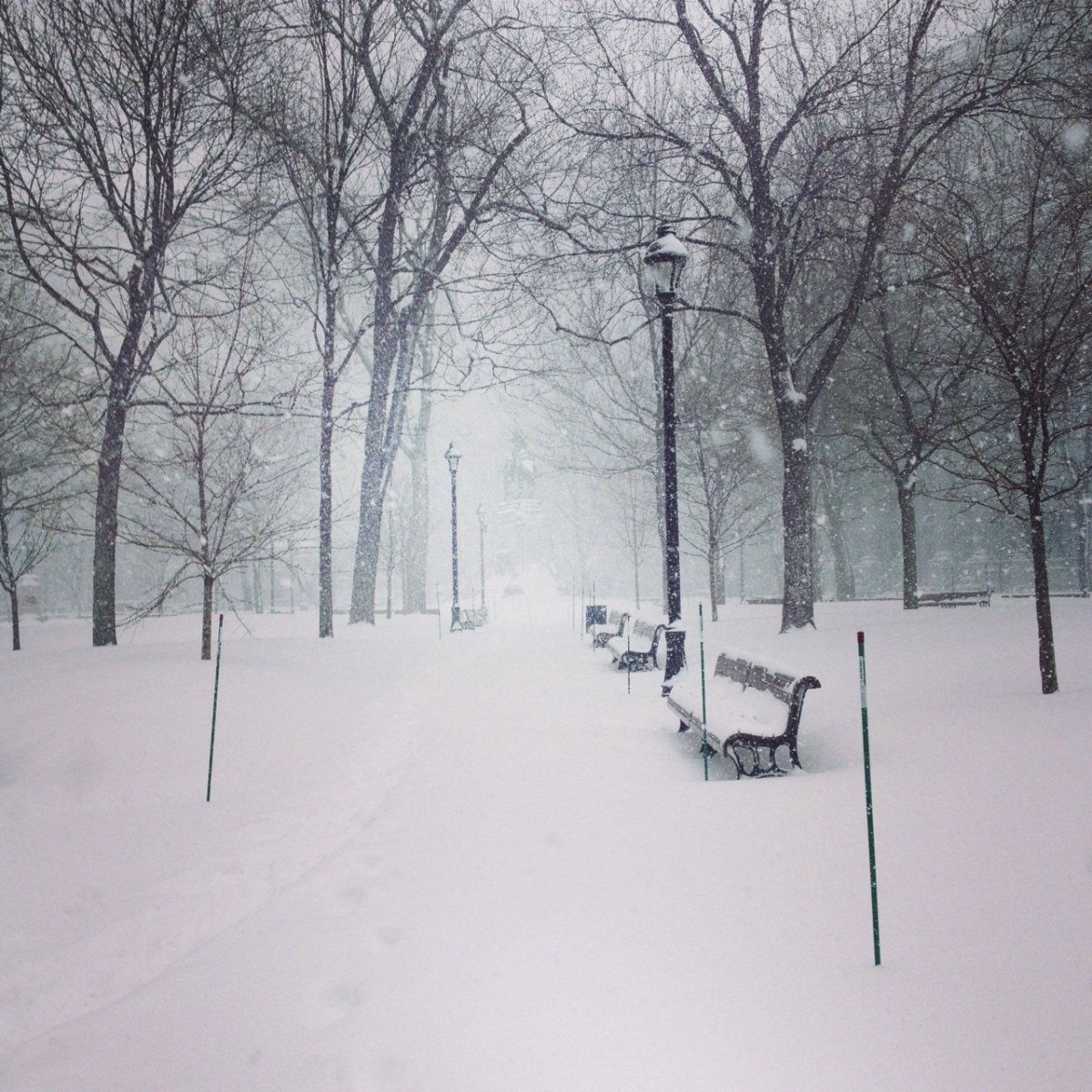 Snow covered benches in Dorchester Square in downtown Montreal.