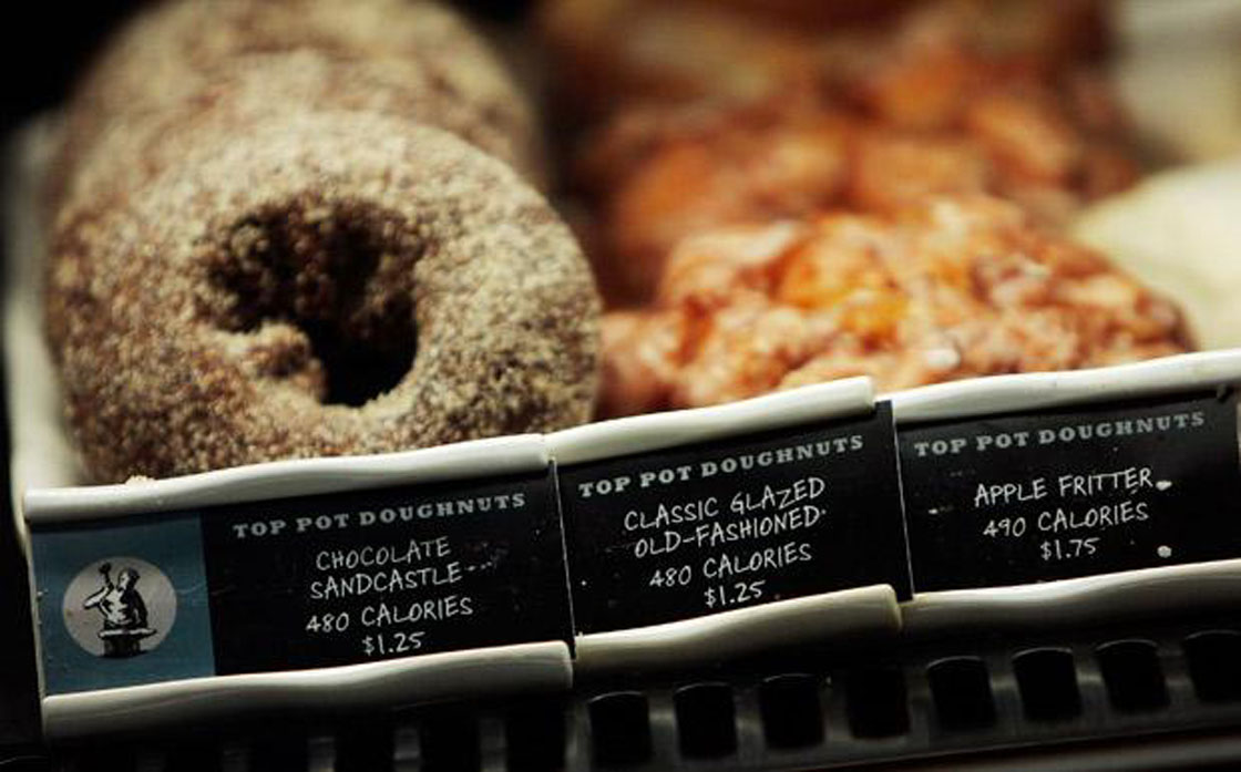 Calories are listed next to menu items in a Starbucks coffee shop July 18;2008 in New York City. New York is now the first city in the country to implement a law forcing chain restaurants to post the calorie count of each food next to the items on their menus.