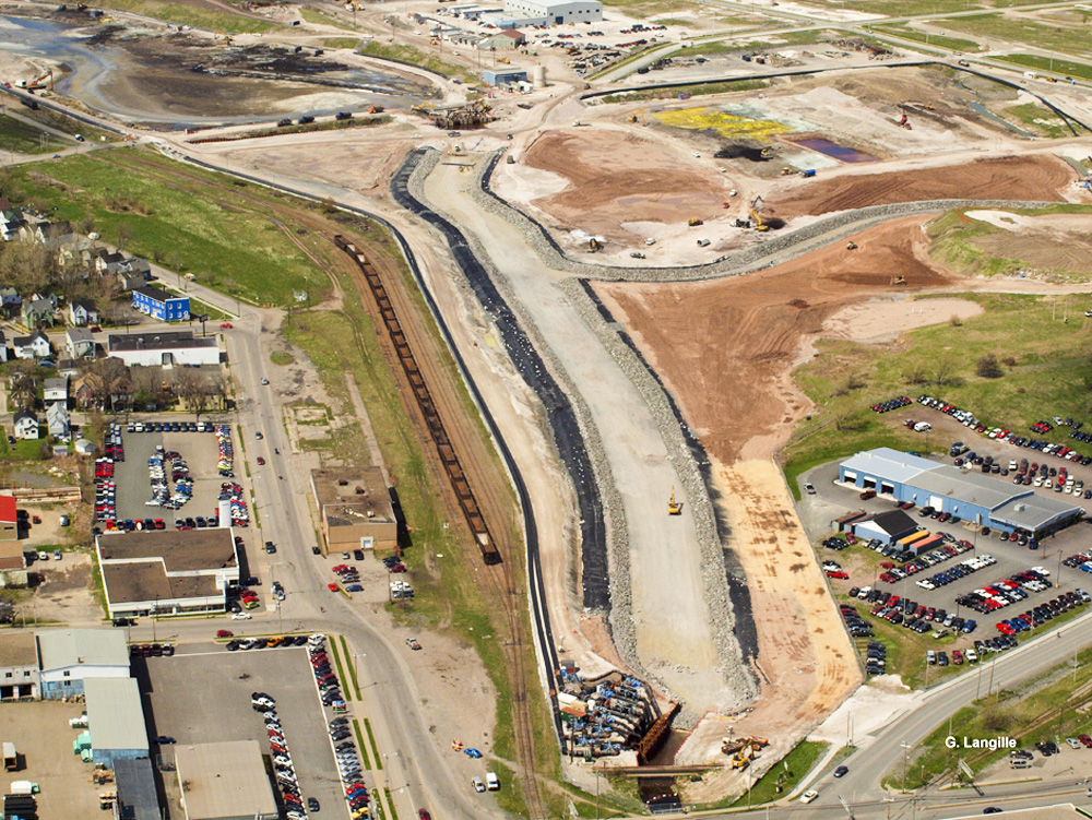 Undated aerial photo of the north pond of the Sydney tar ponds in Sydney, NS, during Phase 2 of the remediation project.