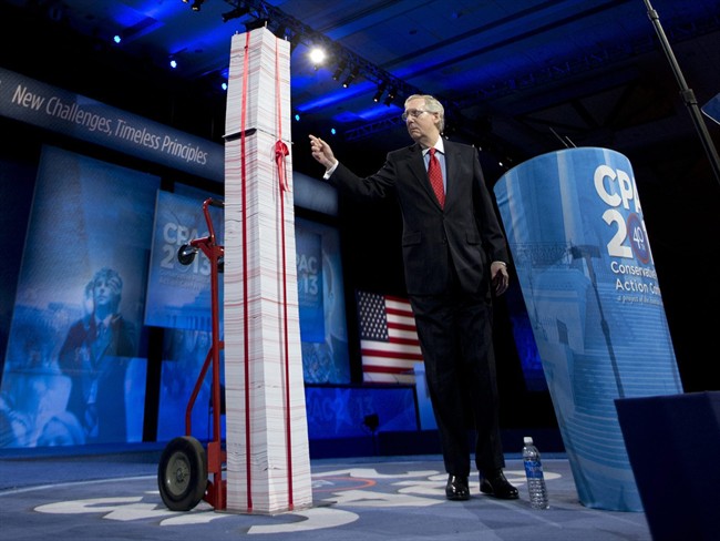 Senate Minority Leader, Republican Mitch McConnell of Kentucky, points to a 7-foot stack of “Obamacare” regulations during the 40th annual Conservative Political Action Conference in National March 2013.