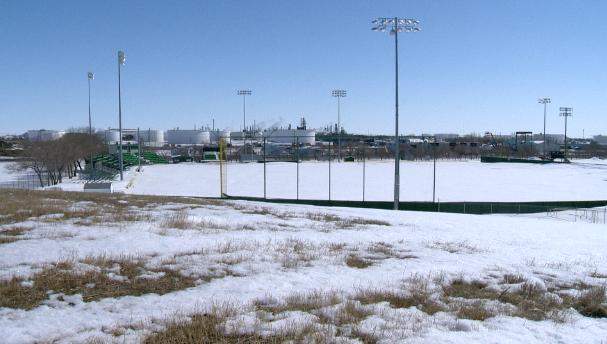 The baseball diamond at Mount Pleasant Park is covered in snow.