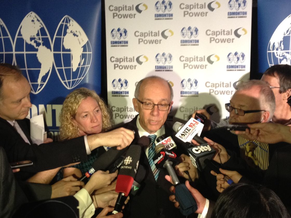 Edmonton mayor Stephen Mandel speaks to reporters following his State of the City address April 2, 2013.