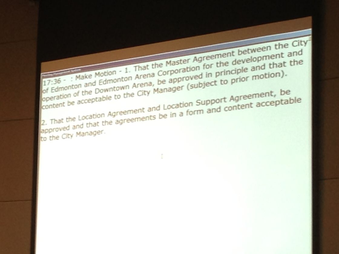 Motion passed re: City of Edmonton Master Agreement on downtown arena, April 10, 2013