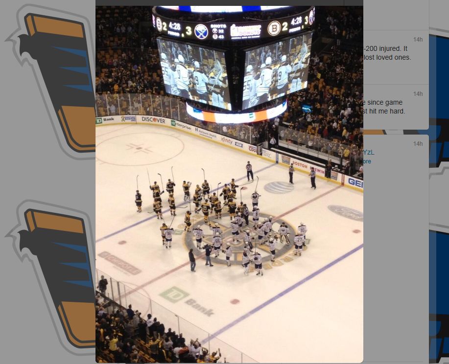 Players on both the Boston Bruins and Buffalo Sabres salute the hometown Boston crowd April 17, 2013