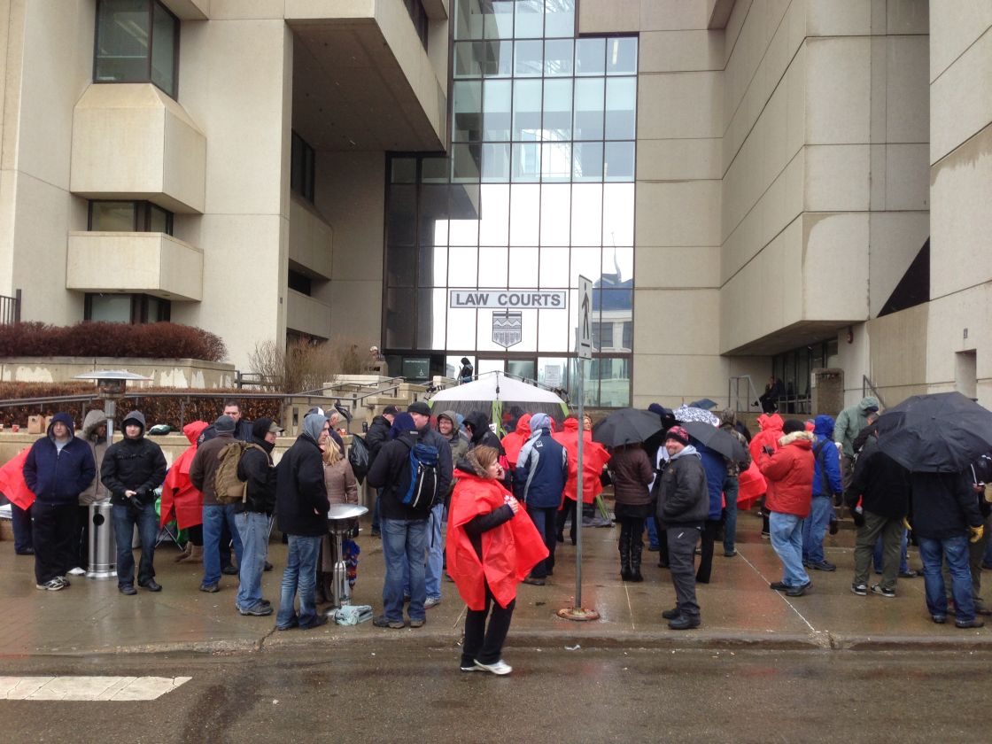 Sheriffs join the striking remand workers. Group outside the Law Courts in Edmonton, April 29, 2013.