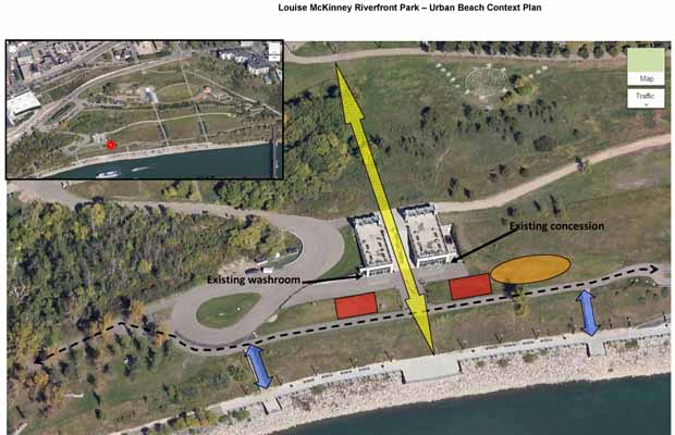 Edmonton city councillors have endorsed an urban beach at Louise McKinney Riverfront Park. The proposed sanded area would be located where the orange oval shape is in the above image.
