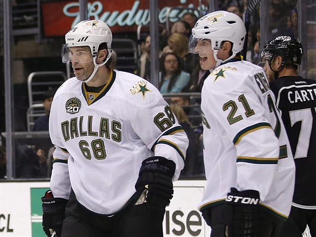 Dallas Stars' Jaromir Jagr (left) celebrates his goal with Loui Eriksson during the third period of an NHL hockey game against the Los Angeles Kings in Los Angeles, Thursday, March 7, 2013. The Bruins have acquired forward Jaromir Jagr from the Dallas Stars.