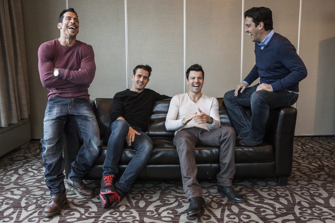 Members of the pop band 'New Kids on the Block' (left to right) Danny Wood, Joey McIntyre, Jordan Knight and Jonathan Knight are pictured in a Toronto hotel during a press junket on Saturday April 13, 2013.