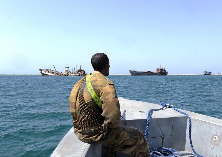 A Somali coastguard patrols off the coast of Somalia's breakaway Republic of Somaliland on March 30, 2011. 
