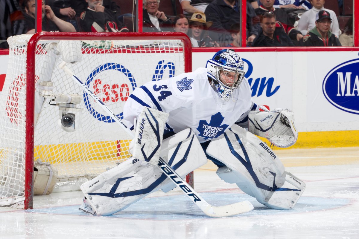 James Reimer #34 of the Toronto Maple Leafs guards his net during an NHL game against the Ottawa Senators, at Scotiabank Place, on March 30, 2013 in Ottawa, Ontario, Canada.  