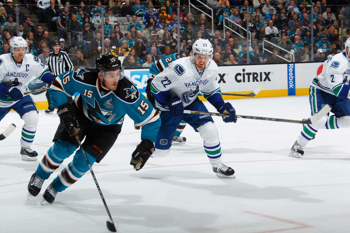 James Sheppard #15 of the San Jose Sharks skates against Daniel Sedin #22 of the Vancouver Canucks at the HP Pavilion on April 1, 2013 in San Jose, California. (Photo by Rocky Widner/Getty Images).