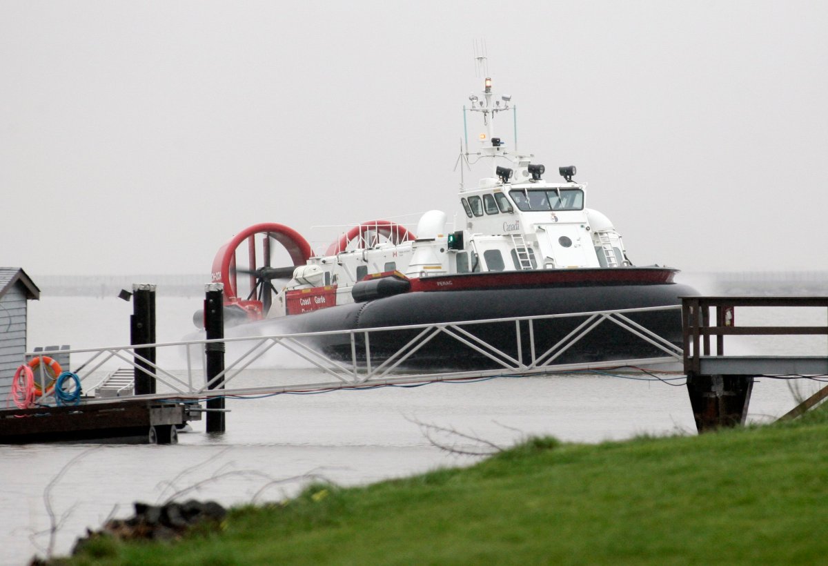 A Coast Guard hovercraft approaches its base in Richmond, B.C.
