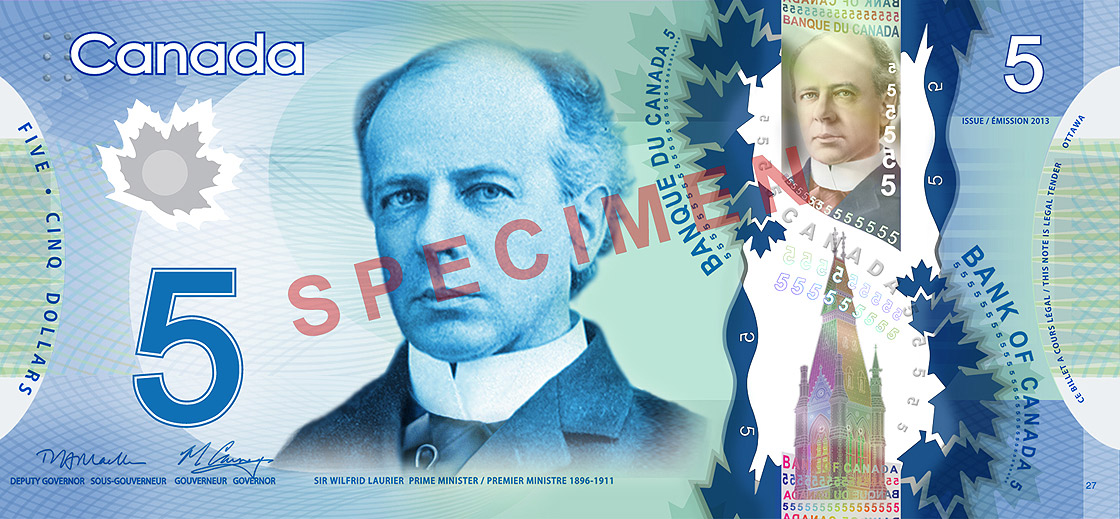 The new $5 plastic bank note was unveiled by Bank of Canada on April 30, 2013.