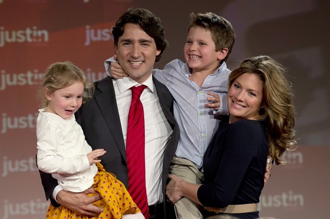 Justin Trudeau, his wife Sophie Gregoire and their children Xavier and Ella-Grace celebrate after he won the Federal Liberal leadership Sunday April 14, 2013 in Ottawa. 