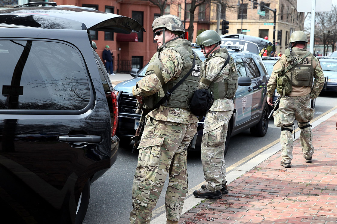 State police guard an area near Kenmore Square after two bombs exploded during the 117th Boston Marathon on April 15, 2013 in Boston, Massachusetts. Two people are confirmed dead and at least 23 injured after two explosions went off near the finish line to the marathon. 