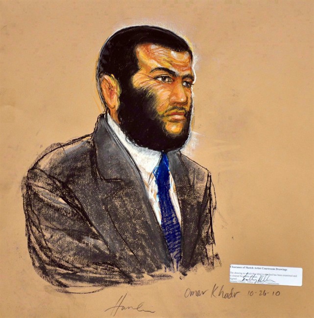 A Pentagon-approved sketch by artist Janet Hamlin shows Omar Khadr listens during testimony by Dr. Wellner at the U.S. military war crimes commission at the Camp Justice compound on Guantanamo Bay U.S. Naval Base in Cuba, on October 26, 2010. 