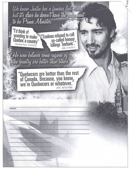 A part of a flyer targeting Justin Trudeau is shown in a handout photo. Prime Minister Stephen Harper says there's nothing wrong with the Conservatives using taxpayer dollars to finance a bulk mail campaign against Justin Trudeau.The campaign urges Conservative MPs to use their mailing privileges to blanket their ridings with flyers - known as “10 percenters” - that attack the new Liberal leader. THE CANADIAN PRESS/HO.