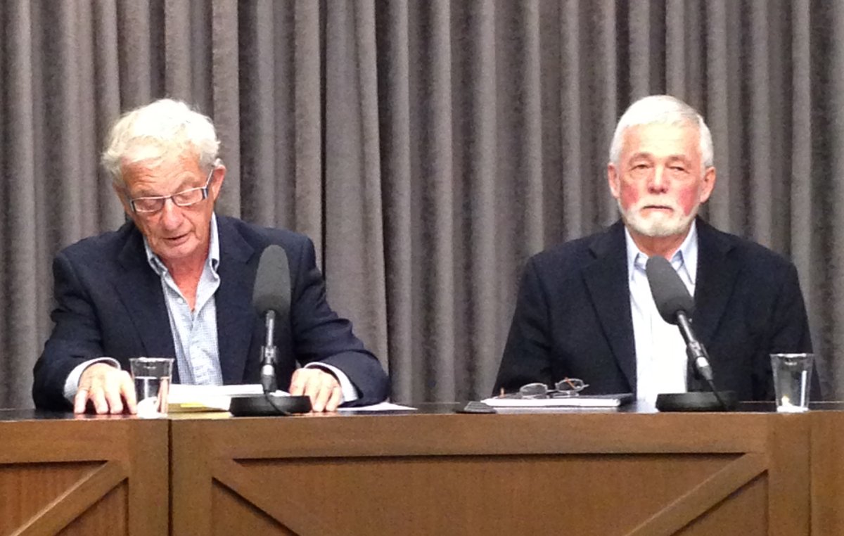 David Farlinger (left), chair of the Manitoba 2011 Flood Review Task Report, and Harold Westdale, chair of the Lake Manitoba/Lake St. Martin Regulation Review Committee, release their reports at a news release Monday morning.