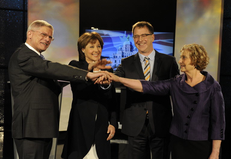Leaders John Cummins, Christy Clark, Adrian Dix and Jane Sterk get set for their TV debate in Vancouver on April 29, 2013.