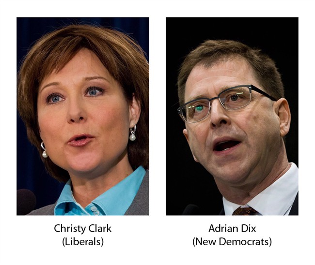 British Columbia political party leaders, Liberal Christy Clark (right), and NDP Adrian Dix.