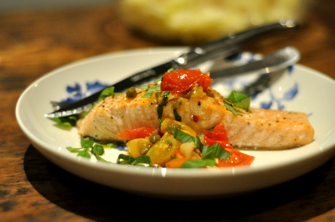 Even in the winter months, skillet-cooked cherry tomatoes make a sweet salsa for salmon.