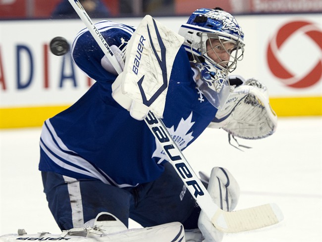 Toronto Maple Leafs goaltender James Reimer makes a save on the Montreal Canadiens during first period NHL action in Toronto on Saturday April 27, 2013. Reimer is among the players to watch in this season's NHL playoffs. 