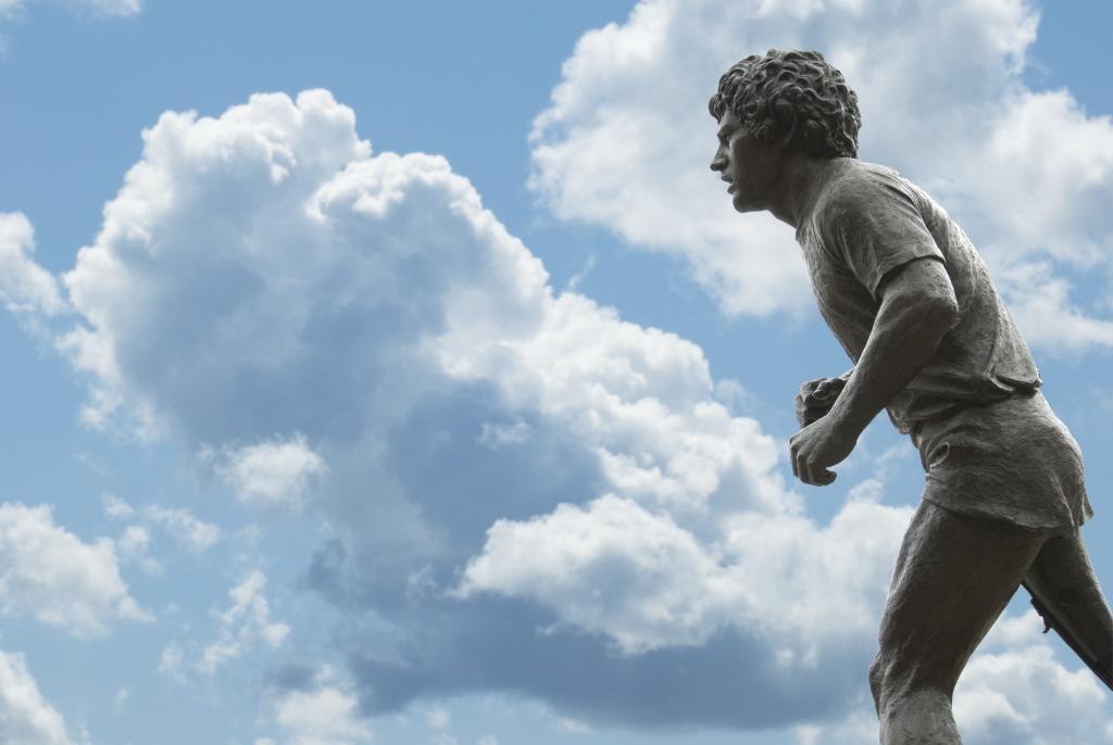 A statue of Terry Fox stands across from Parliament Hill in Ottawa.