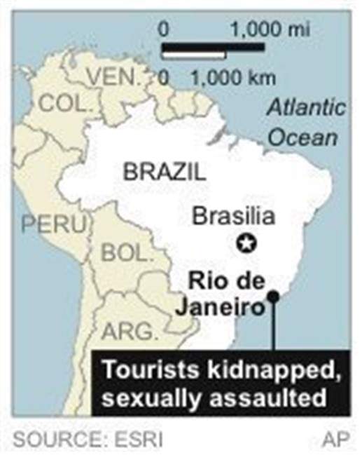 Map locates Rio de Janeiro where tourists were attacked and one was sexually assaulted aboard a public transport van.