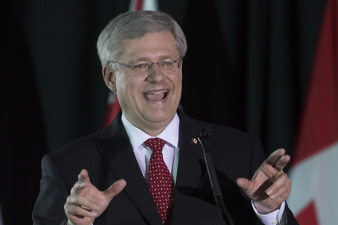 Prime Minister Stephen Harper speaks at a centenary event for Leaside, the Toronto suburb where the Prime Minster grew up, in Toronto on Saturday April 27, 2013. 