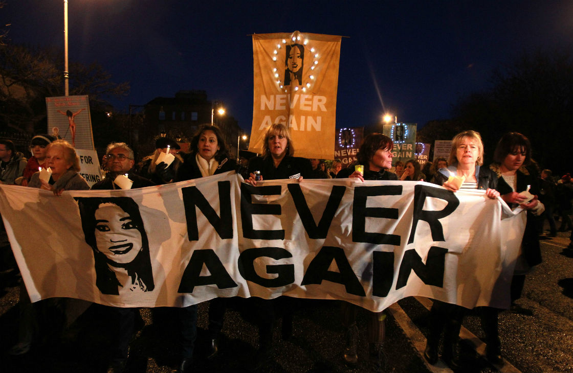 Demonstrators hold placards and candels in memory of Indian Savita Halappanavar in support of legislative change on abortion during a march from the Garden of Remembrance to the Dail (Irish Parliament) in Dublin, Ireland on November 17, 2012. Ireland's tough abortion laws came under fire following the death of the Indian woman Halappanavar after doctors allegedly refused her a termination because it was against the laws of the Catholic country. 