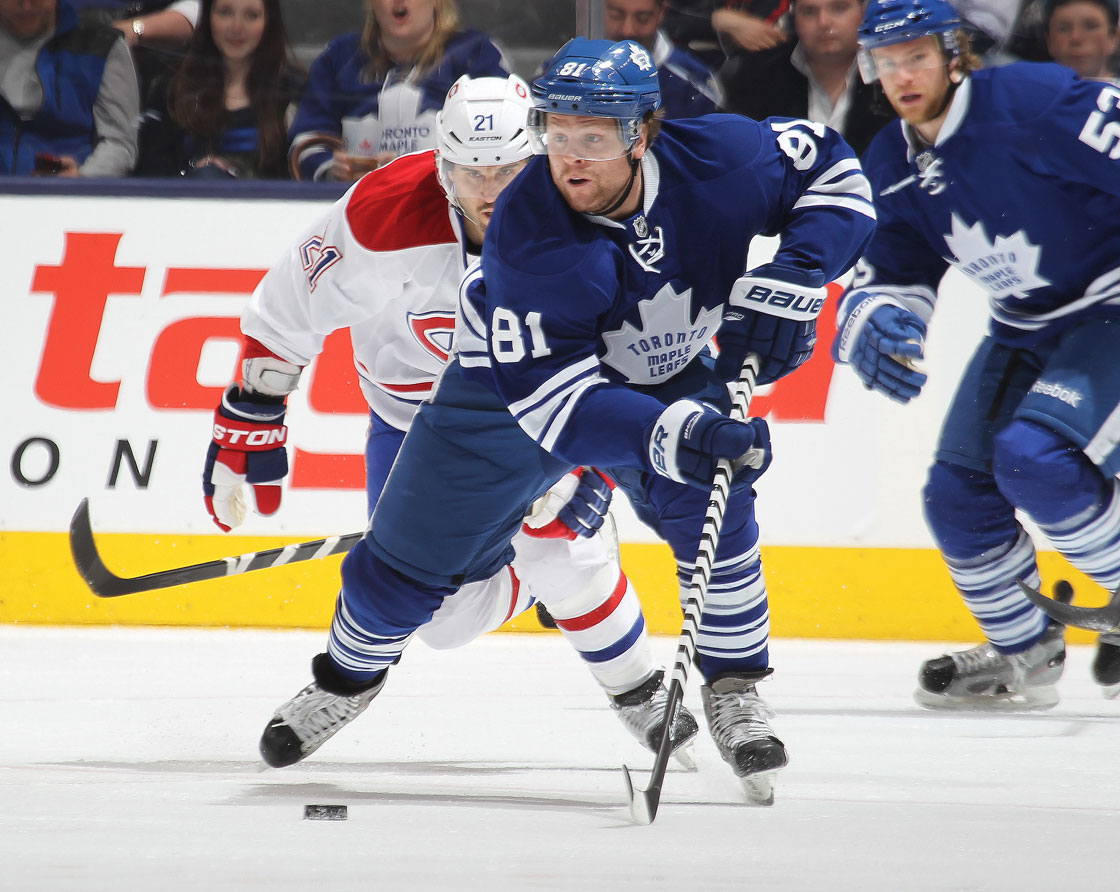 Phil Kessel of the Toronto Maple Leafs breaks away with the puck in a game against the Montreal Canadiens on April 27, 2013 at the Air Canada Centre in Toronto. 