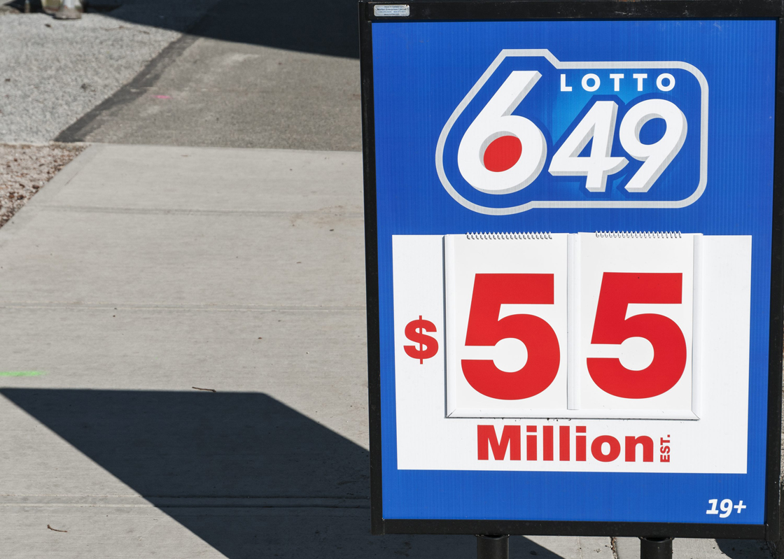 A Lotto 649 sign advertising an estimated jackpot of $55 million for the April 13, 2013 draw. 