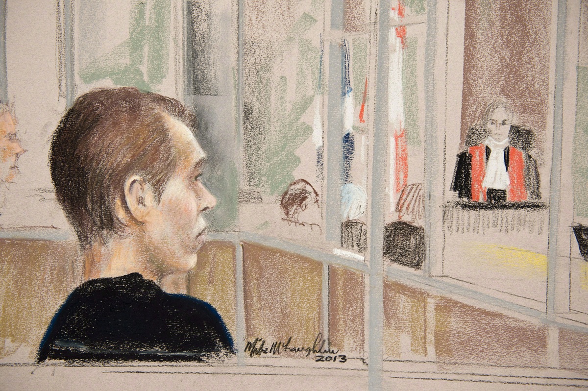 Alleged killer Luka Rocco Magnotta is seen in court in a artist drawing Wednesday, January 9, 2013 . 
