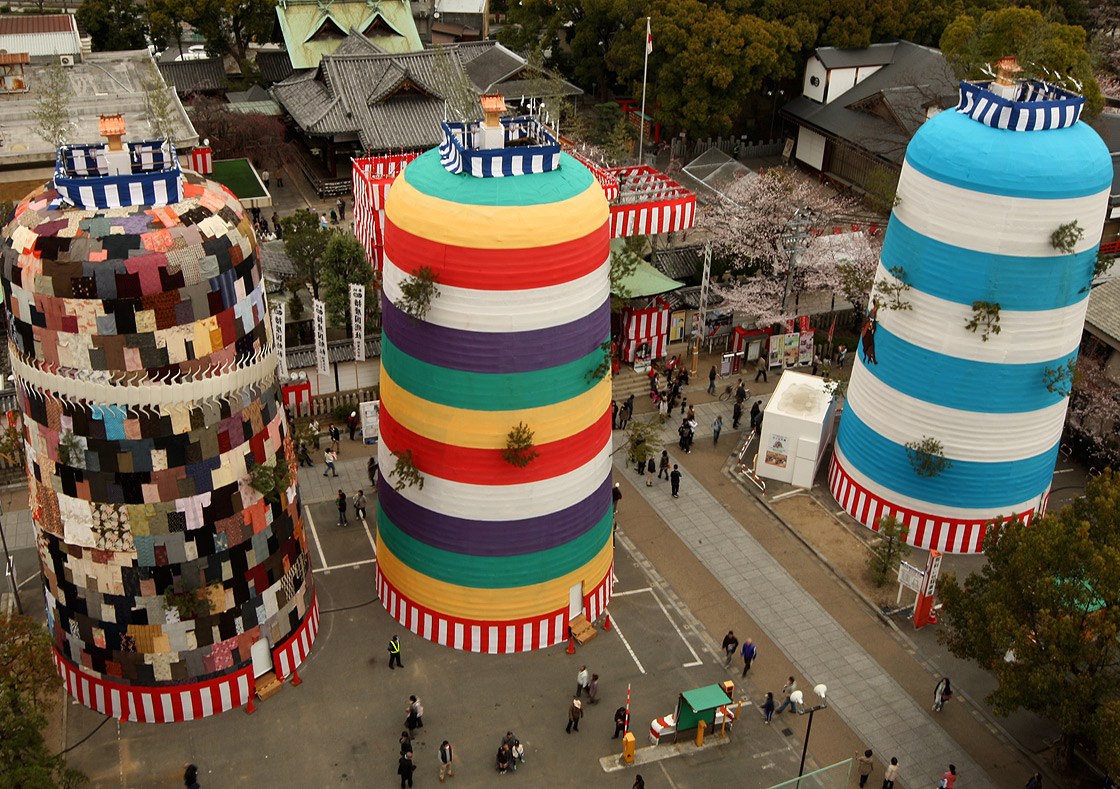 The main feature of the Mitsuyama Taisai Festival, three 18 meters tall 'mountains.' are displayed at the Itate Hyozu Shrine on March 31, 2013 in Himeji, Japan.