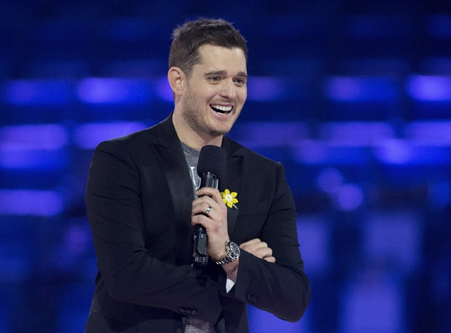 Canadian singer and host of the 2013 Juno Awards Michael Buble speaks to the media before the 2013 Juno Awards in Regina on Saturday, April 20, 2013.