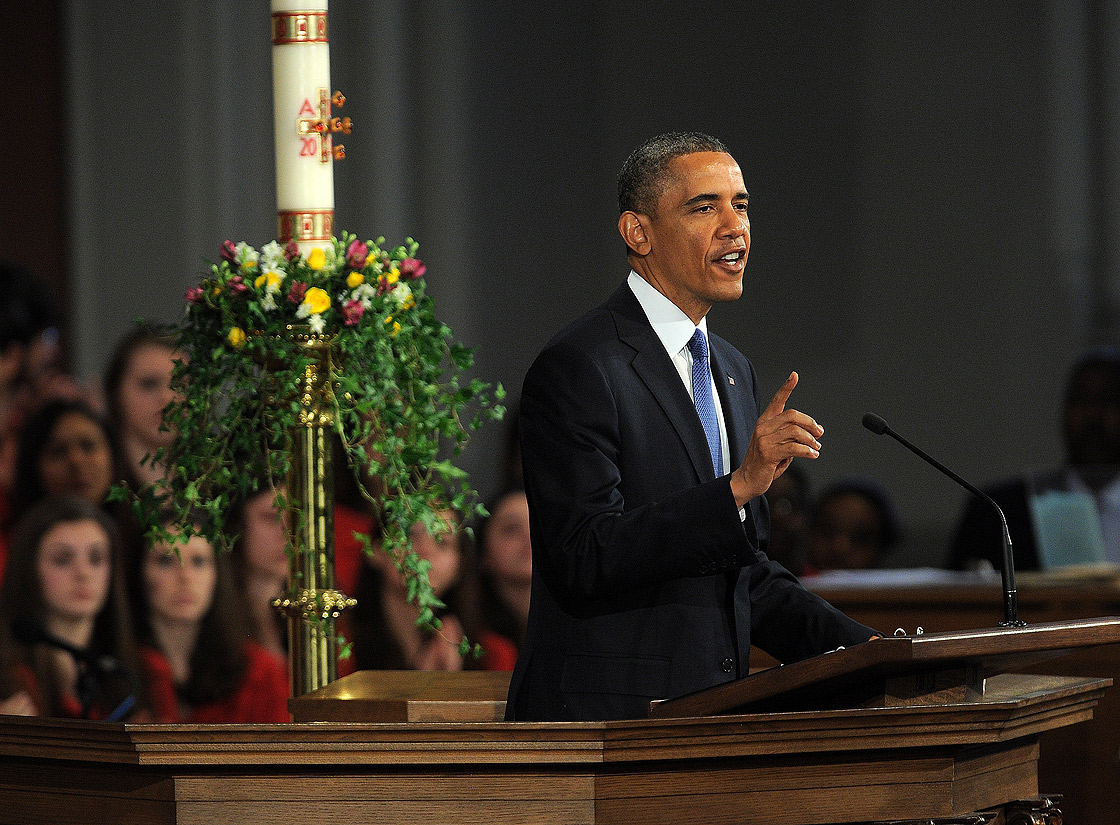 US President Barack Obama speaks during the 'Healing Our City: An Interfaith Service' dedicated to those who were gravely wounded or killed in the Boston Marathon bombing, at the Cathedral of the Holy Cross in Boston, Massachusetts, on April 18, 2013.