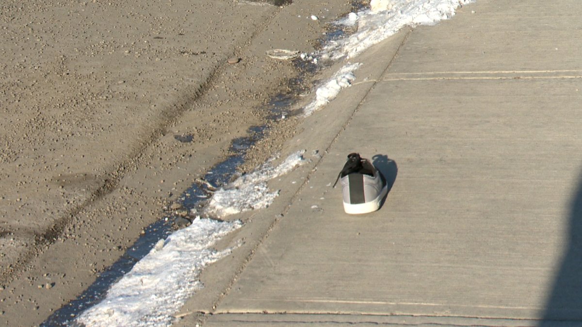A shoe lies on the road after a 13-year-old boy was hit by a car in northwest Calgary.