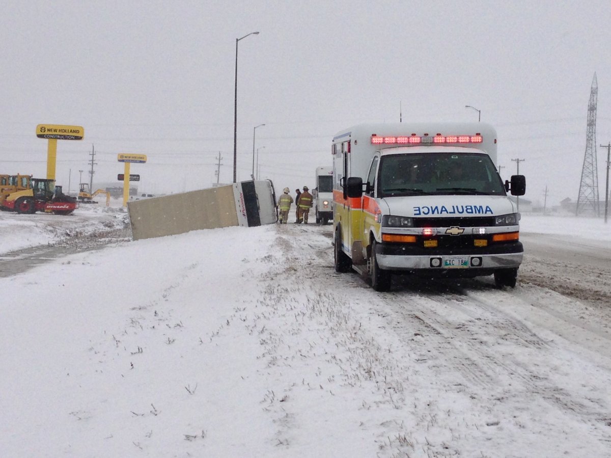 Delivery truck in ditch on Fermor Ave in Winnipeg Apr 15, 2013.