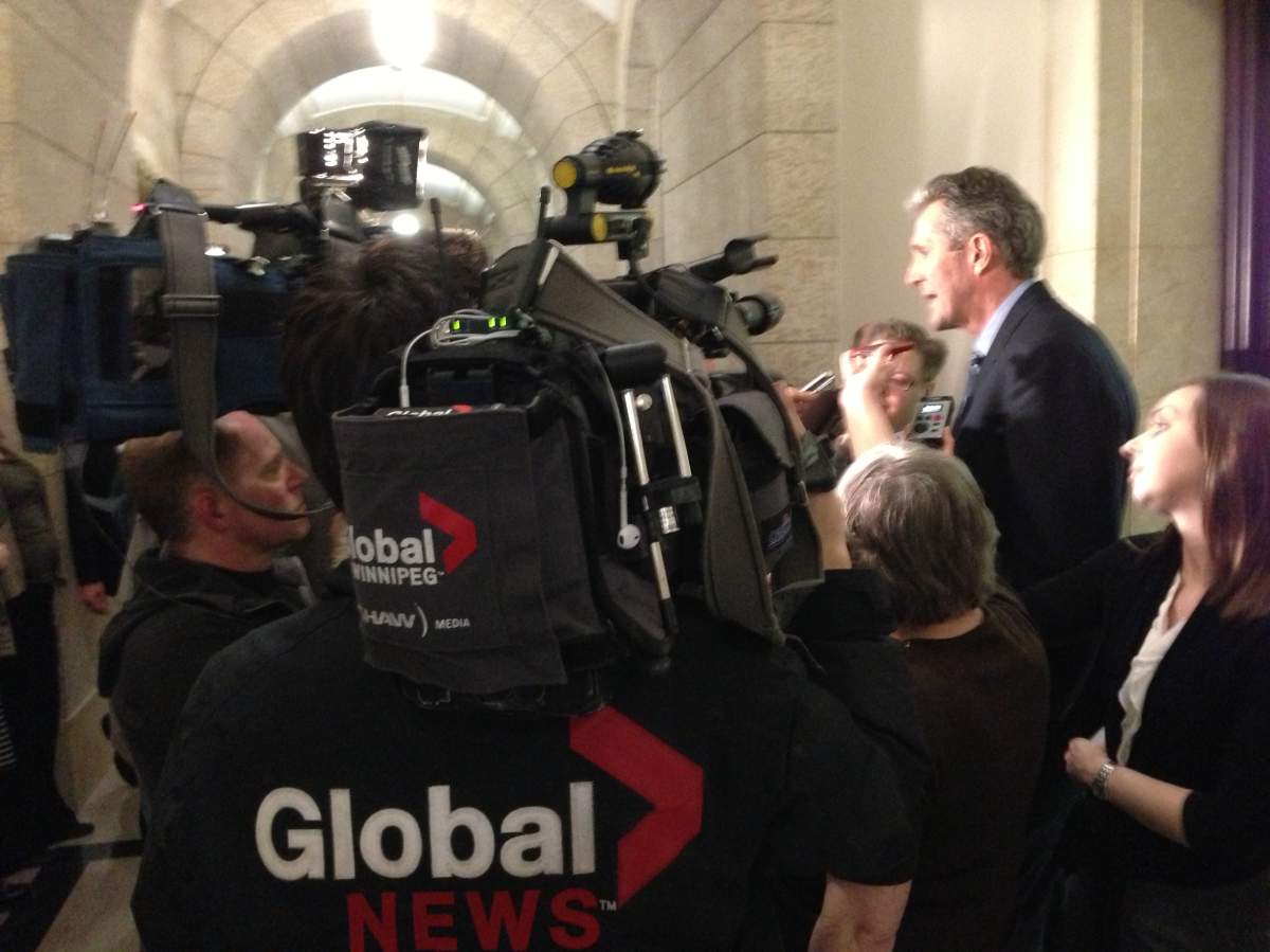 Manitoba PC leader Brian Pallister speaks to media at the Legislature on April 17, 2013