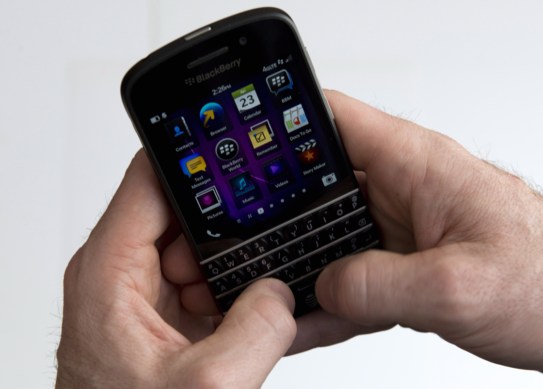 A BlackBerry Q10 smartphone is shown in Toronto, Tuesday, April 23, 2013. 