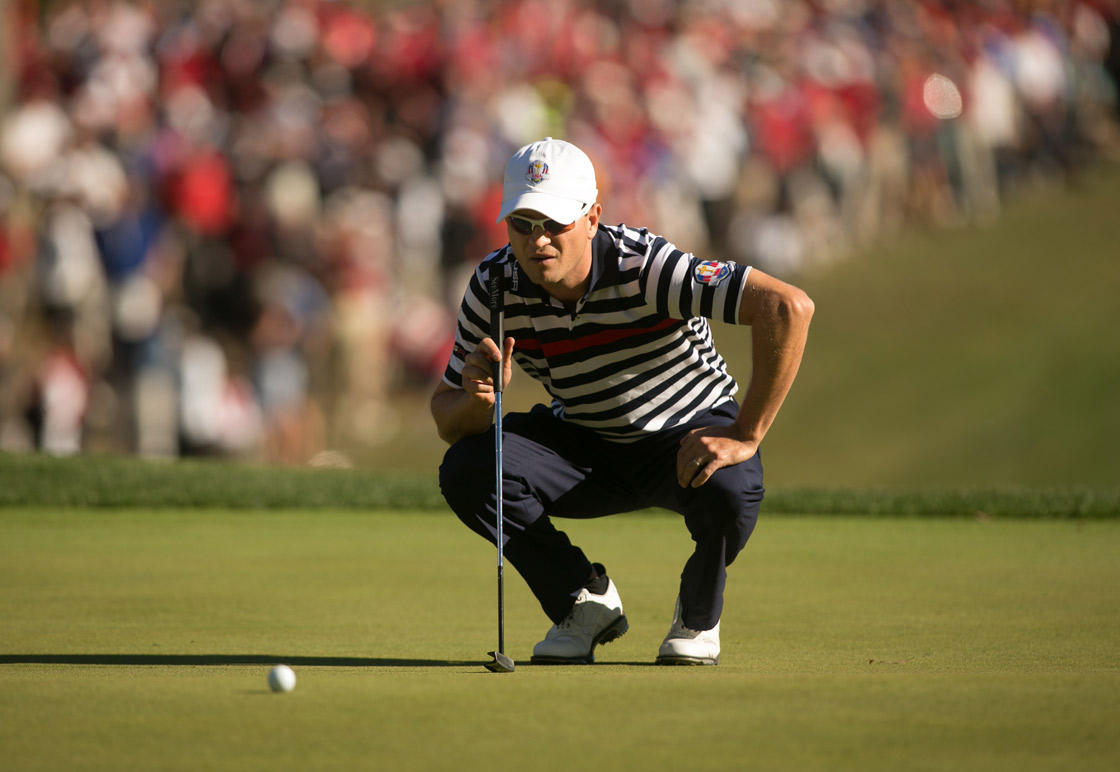  US Ryder Cup Team Member Zach Johnson reads the green on the 16th hole during the Singles Matches for the 39th Ryder Cup at Medinah Country Club on September 30, 2012 in Medinah, Illinois. 